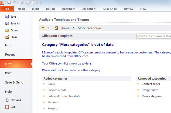 Más categorías no están actualizados en Microsoft PowerPoint