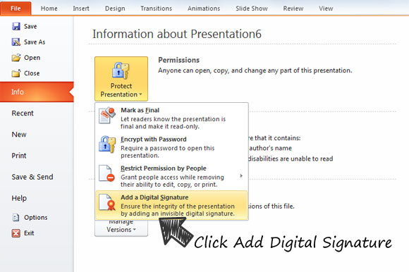 Подписать файл презентации PowerPoint с цифровой подписью