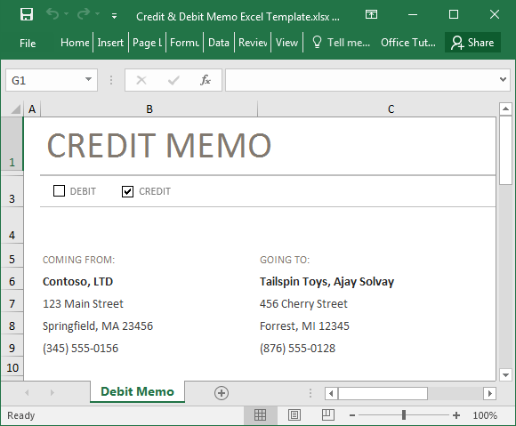 Шаблон Кредитные и дебетовые авизо Excel