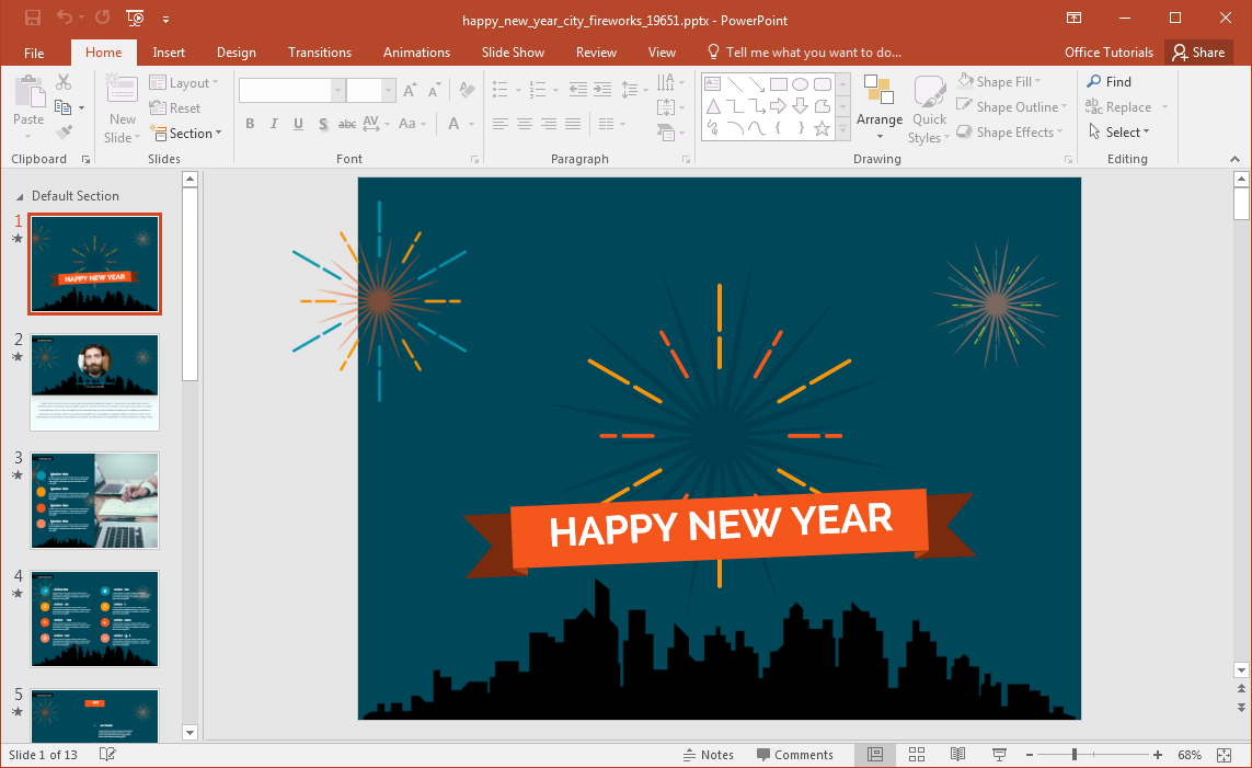 動畫快樂，新的一年，全市煙花爆竹的PowerPoint模板