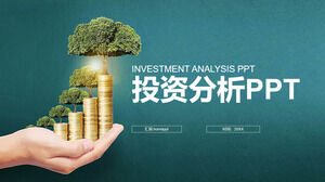 녹색 손 지원 나무와 금화 배경의 투자 분석을위한 PPT 템플릿