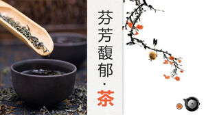 Plantilla PPT de tema de arte de té de flores de acuarela y pájaros y fondo de té