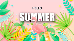Letni tematyczny szablon PPT z liśćmi kreskówek i tłem flamingo