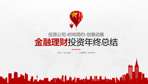 Kırmızı şehir silueti ve sıcak hava balonu arka planı ile finansal yatırım teması için PPT şablonu