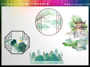 中国風の窓の風景と山亭の4つの資料PPT資料のダウンロード