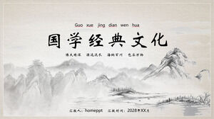 Laden Sie die PPT-Vorlage für das Thema der alten chinesischen Kultur mit Landschaftshintergrund aus Tinte und Wasser herunter