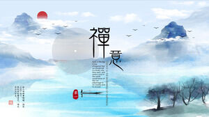 Modèle PPT de thème zen de fond de paysage d'encre bleue