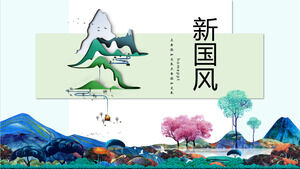 Renkli dağ ve ağaç arka planlarına sahip yeni Çin tarzı PPT şablonunu indirin