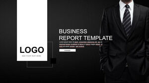 Templat PPT laporan bisnis gaya Eropa dan Amerika dengan latar belakang karakter jas hitam