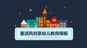Download del modello PPT del tema dell'educazione dei bambini sullo sfondo della casa di città delle stelle del cielo notturno dei cartoni animati