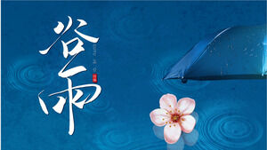 Mavi şemsiye ve pembe şeftali çiçeği arka plan ile vadi yağmur mevsimi için PPT şablonu