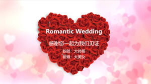 Un modèle PPT d'album de mariage chaleureux avec un fond en forme de coeur composé de roses