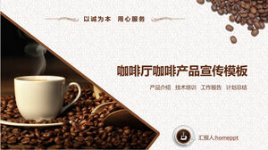 Modello PPT per la promozione di nuovi prodotti della caffetteria sullo sfondo di chicchi di caffè e tazza di caffè