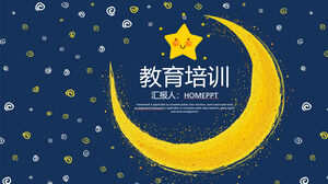 Motyw edukacyjny szablon PPT z niebieskim rozgwieżdżonym niebem, złotymi gwiazdami i księżycem w tle