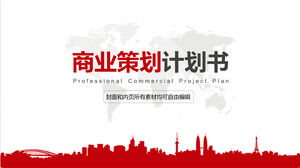 Unduh template PPT untuk proposal perencanaan bisnis dengan latar belakang siluet kota minimalis berwarna merah