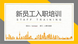Basit bir sarı gri renk düzeninde yeni çalışan işe alıştırma eğitimi için PPT şablonunu indirin