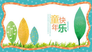 Template PPT untuk tema pendidikan anak-anak dengan latar belakang pohon yang dilukis dengan tangan cat air berwarna-warni