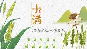 Plantilla PPT para presentar el término solar Xiaoman en el fondo de campos de arroz verde, espigas de trigo y espantapájaros