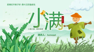 Szablon PPT do wprowadzenia terminu słonecznego Xiaoman na tle zielonych i świeżych kłosów pszenicy i strachów na wróble