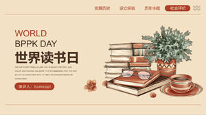 Unduh template PPT bertema Hari Buku Dunia untuk latar belakang buku cat air, bonsai, dan cangkir teh