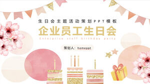 Scarica il modello PPT per la festa di compleanno dei dipendenti aziendali con sfondo di torta di fiori ad acquerello rosa