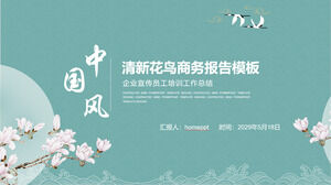 Biru segar bunga dan burung bisnis Chinoiserie melaporkan unduhan template PPT