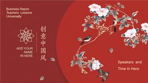 Faça o download do modelo PPT do relatório de negócios de estilo Chinoiserie vermelho com lindas flores e pássaros