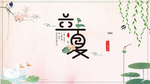 Taze bir nilüfer yaprağı havuzunun arka planında Qi Li Xia güneş terimini tanıtmak için PPT şablonu