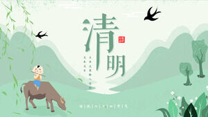 PPT-Vorlage für das Qingming-Fest mit einem Hintergrund aus grünen und frischen Talbüffeln und Hirtenkindern