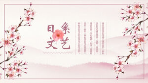 Unduh template PPT gaya sastra Jepang dengan latar belakang bunga sakura cat air merah muda