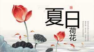 Laden Sie die PPT-Vorlage „Sommerlotus“ für Lotusblatt, Lotusblatt, Lotus Peng und Karpfenhintergrund herunter