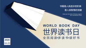 Templat PPT Perencanaan Aktivitas Hari Buku Sedunia Latar Belakang Buku Biru Tua yang Sederhana dan Kreatif