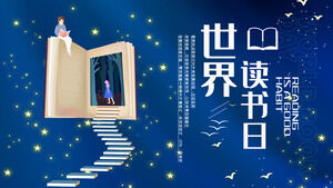 Plantilla PPT del tema del Día Mundial del Libro con cielo estrellado azul y fondo de niña lectora