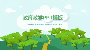 Template PPT untuk tema pendidikan dan pengajaran dengan latar belakang hutan kartun hijau