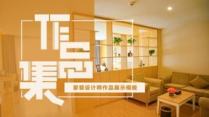 Template PPT untuk menampilkan karya desainer dekorasi rumah dengan latar belakang ruang tamu yang bersih