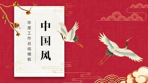Download the red Chinese style PPT template with a flower and bird background