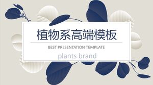 Template PPT bisnis kelas atas untuk seri tanaman dengan latar belakang daun biru dan putih