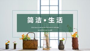 Download a PPT template for a minimalist lifestyle home theme with a flower basket and bonsai background