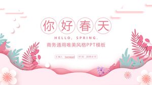 Scarica il modello PPT universale aziendale "Ciao primavera" con bellissimi fiori rosa ed erba
