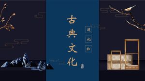 Sfondo di montagne blu, fiumi, fiori e uccelli Modello PPT di pubblicità della cultura classica in stile cinese cinese-chic "Tao Li He"