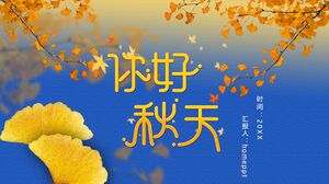 Kolorystyka niebiesko-złota liść miłorzębu japońskiego „Hello Autumn” szablon PPT do pobrania