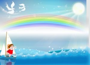 Modello sveglio del ppt del fumetto della barca a vela di rematura della bambina sveglia delle onde dinamiche dell'arcobaleno del sole