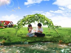 Modelo de ppt para crianças em casa verde paraíso feliz