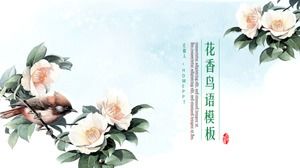 เทมเพลต PPT ของภาษาดอกไม้และนกบนพื้นหลังภาพวาดจีน