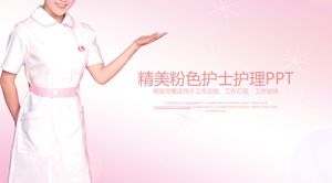 Modelo de PPT de cuidados de enfermeira em fundo gradiente rosa