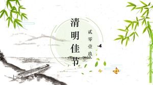 Modèle PPT du festival Qingming de fond de bateau en bambou à l'encre