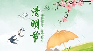 Modelo de PPT Festival Qingming de primavera chuva engolir fundo pêssego