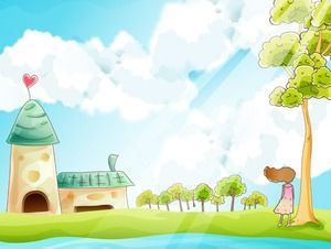 Свежий мультфильм голубое небо и зеленое дерево PPT фоновый рисунок