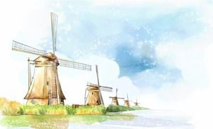六つの漫画水彩城風車PPT背景画像
