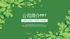 Download der PPT-Vorlage für Firmenprofile mit grünem und frischem Blatthintergrund